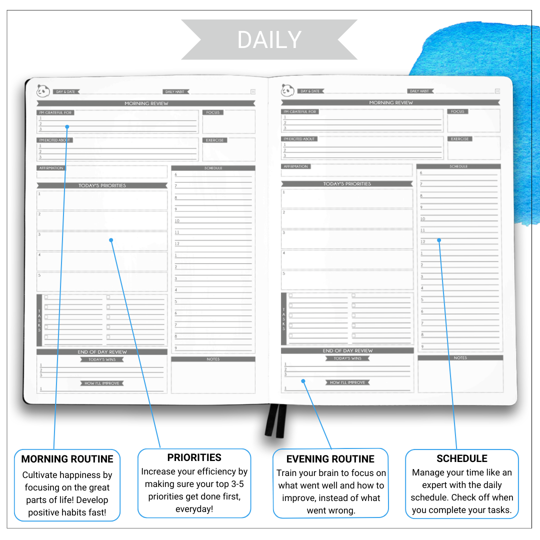 6 Month Panda Pro Planners – Large Daily Planner in 3 Sections