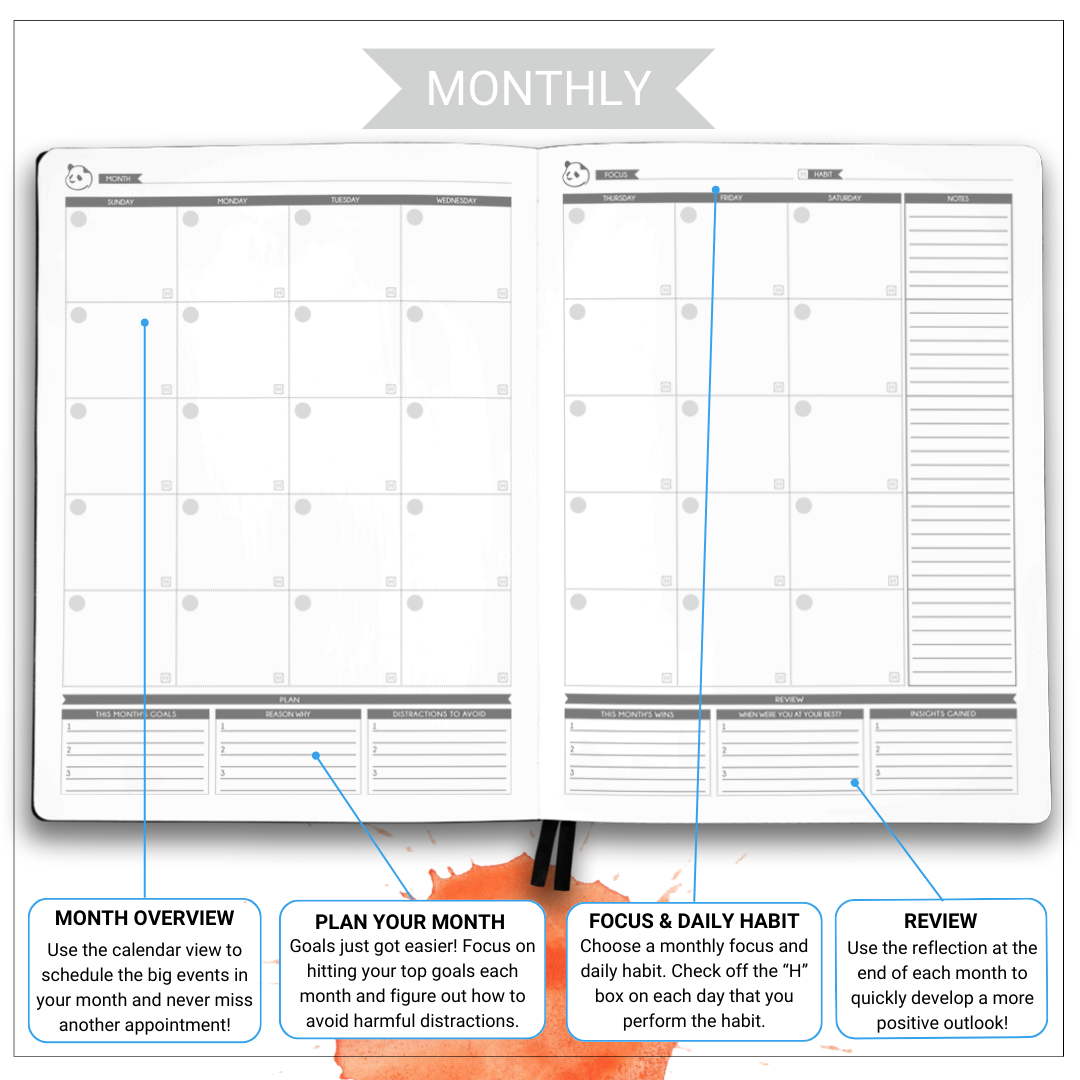 6 Month Pro Black – Large Daily Planner in 3 Sections – Monthly, Weekly & Daily Pages & Colorful Sticky Notes Bundle