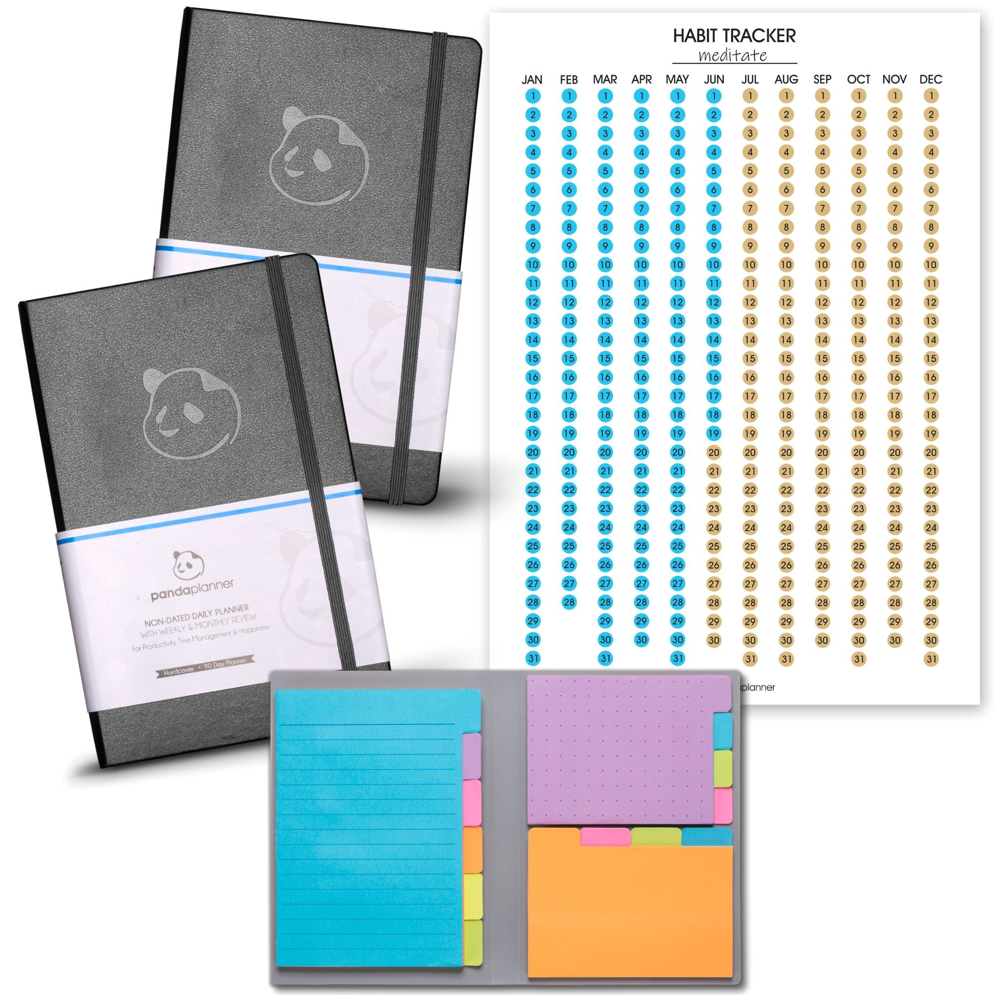 2 x 3 Month Planners & Sticky Notes & Habit Tracker Poster Panda Planner 2 x Black 3 Month Planners + Classic Sticky Notes + Full Year Habit Tracker 