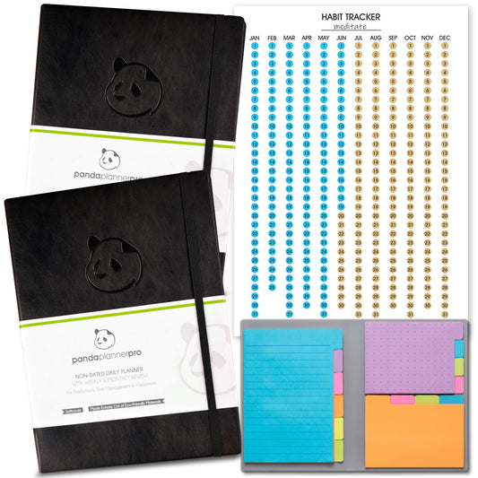2 x 6 Month Pro Planners & Sticky Notes & Habit Tracker Bundle Panda Planner 2 x Black 6 Month Planner + Classic Sticky Notes + Full Year Habit Tracker 