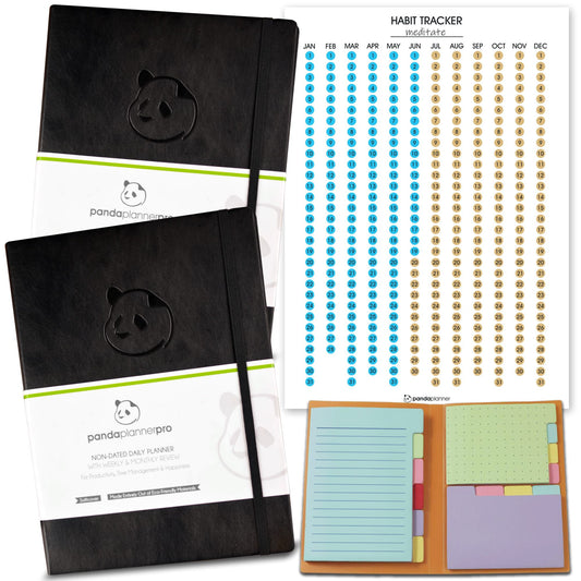 2 x 6 Month Pro Planners & Sticky Notes & Habit Tracker Bundle Panda Planner 2 x Black 6 Month Planner + Spring Sticky Notes + Full Year Habit Tracker 